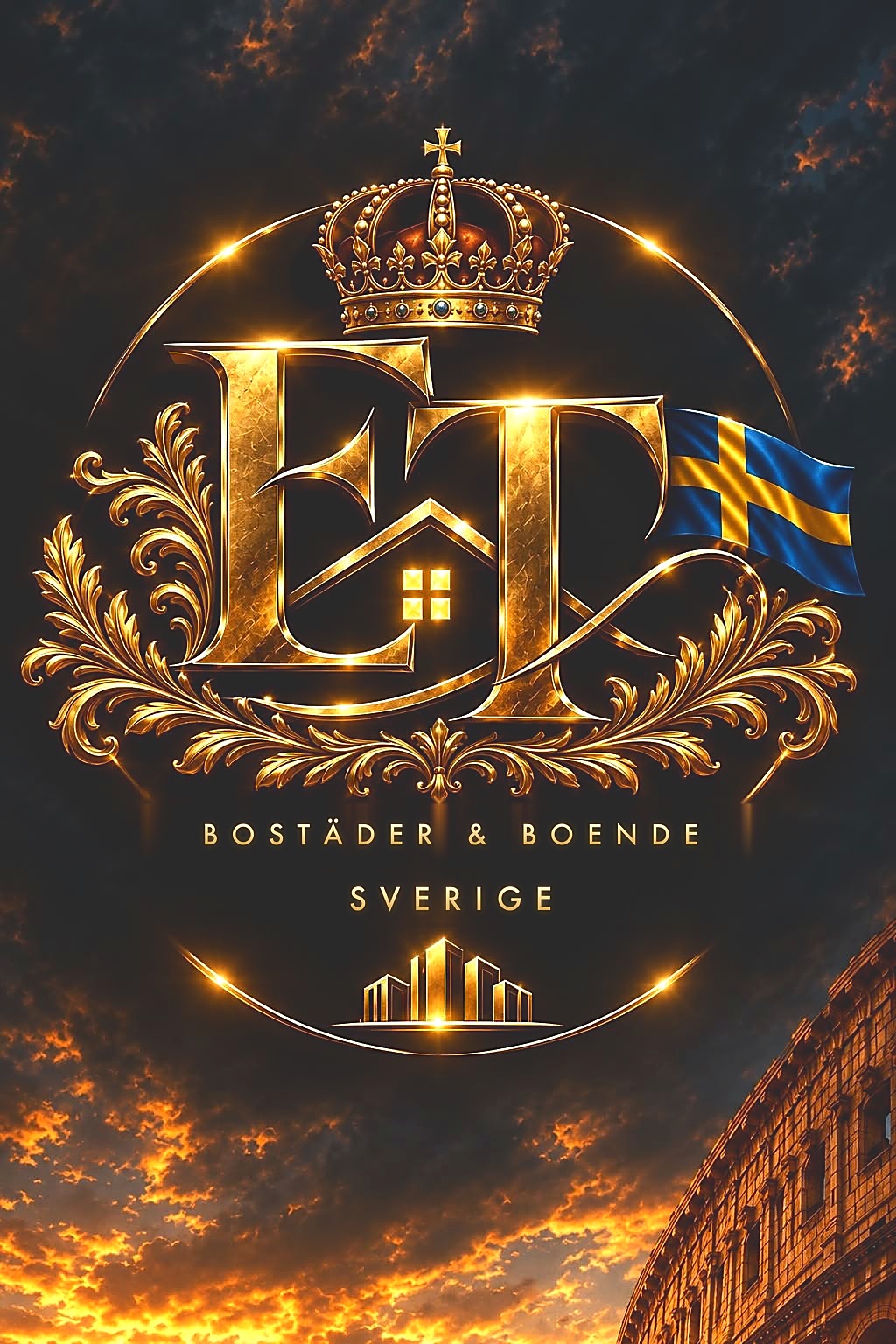 ET Bostäder & Boende Sverige ženklas su karūna virš Koliziejaus saulėlydyje