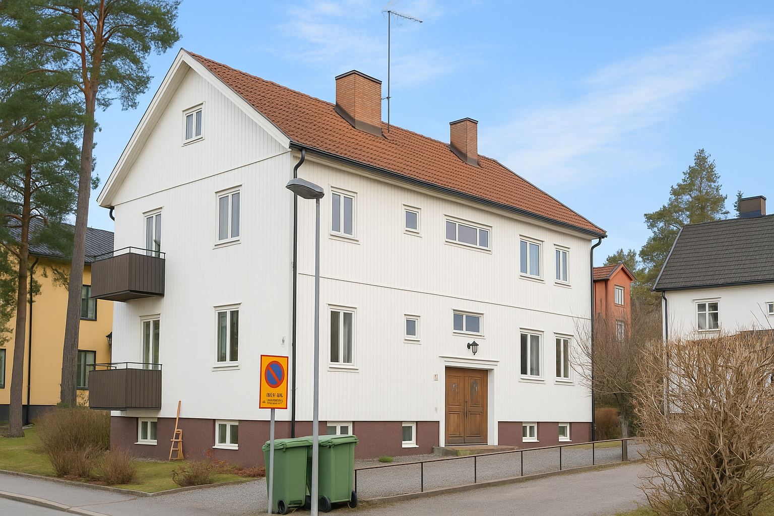 Hjärnegatan 8, Eskilstuna: baltas dviejų aukštų namas su balkonais